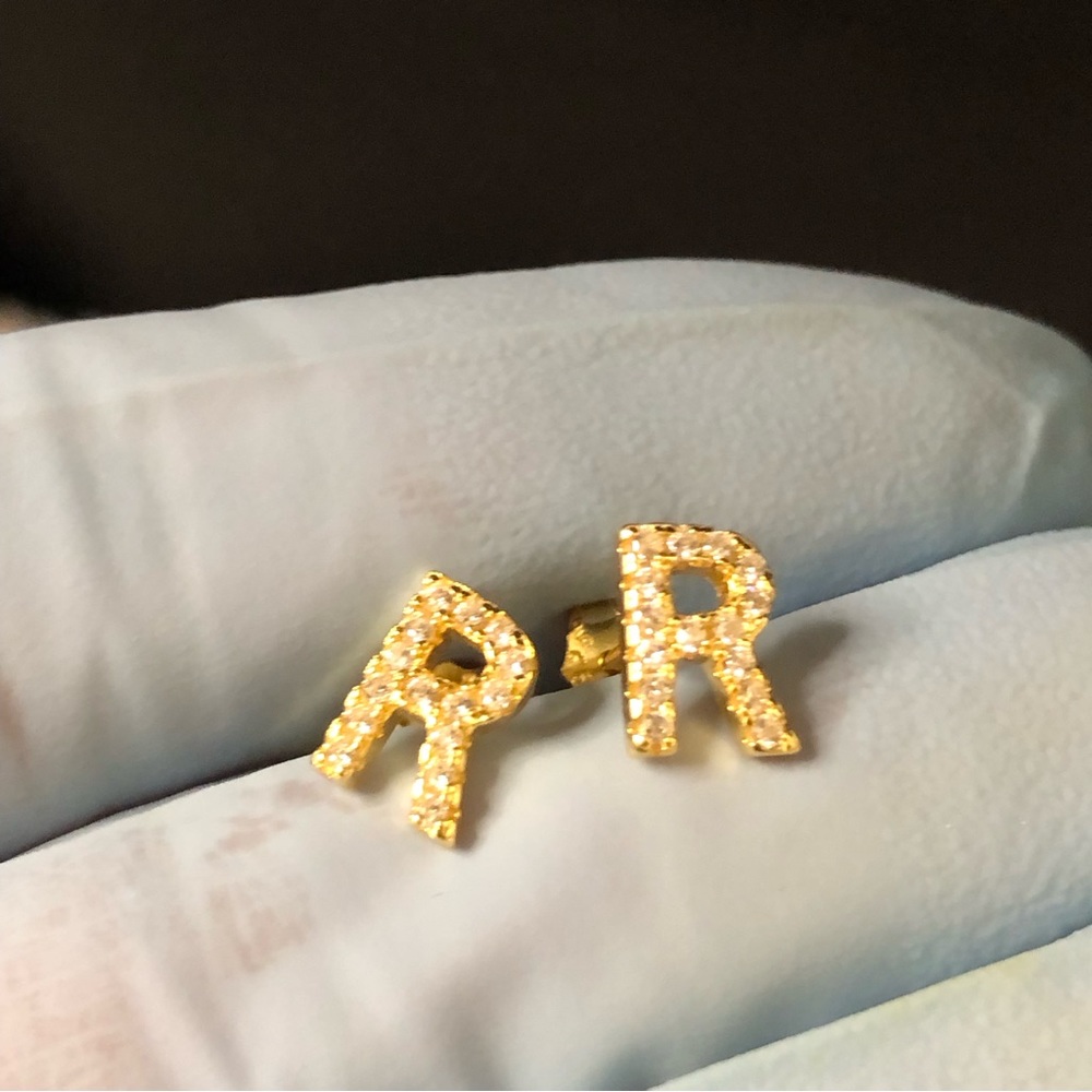 Angol Fine Jewelry, “R” Initial Stud Gold Plated With Rhinestones & Gift Box